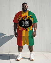 Men's Plus Size Black History Month Letter Red Yellow Green Colorblock Printed T-Shirt Shorts Suit